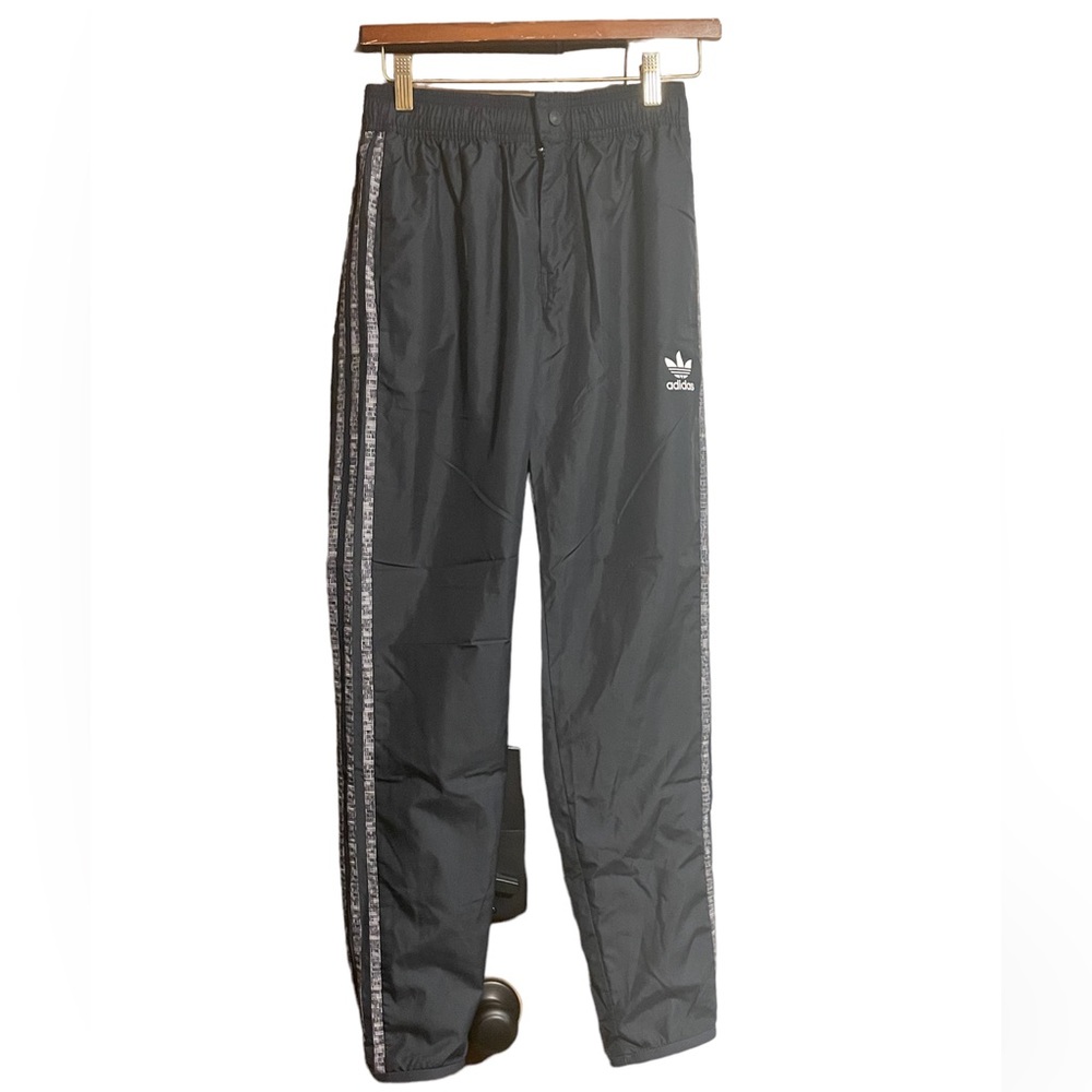 Mens black and gray striped adidas athletic pants